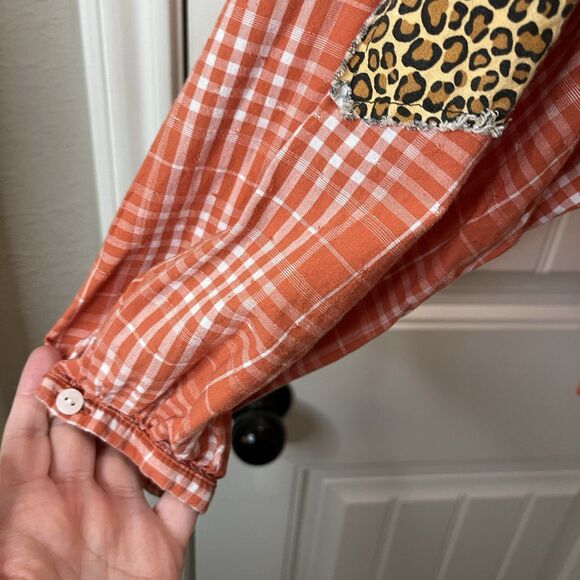 Universal Thread Orange Plaid Mixed Print Sewn Patchwork Custom Top Womens Sz L - Picture 3 of 11